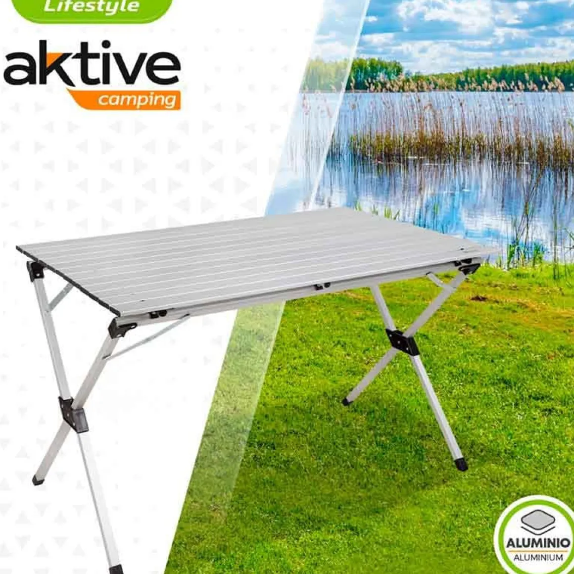 Mesa de camping Aktive plegable con tablero enrollable gris 70x110x70 cm
