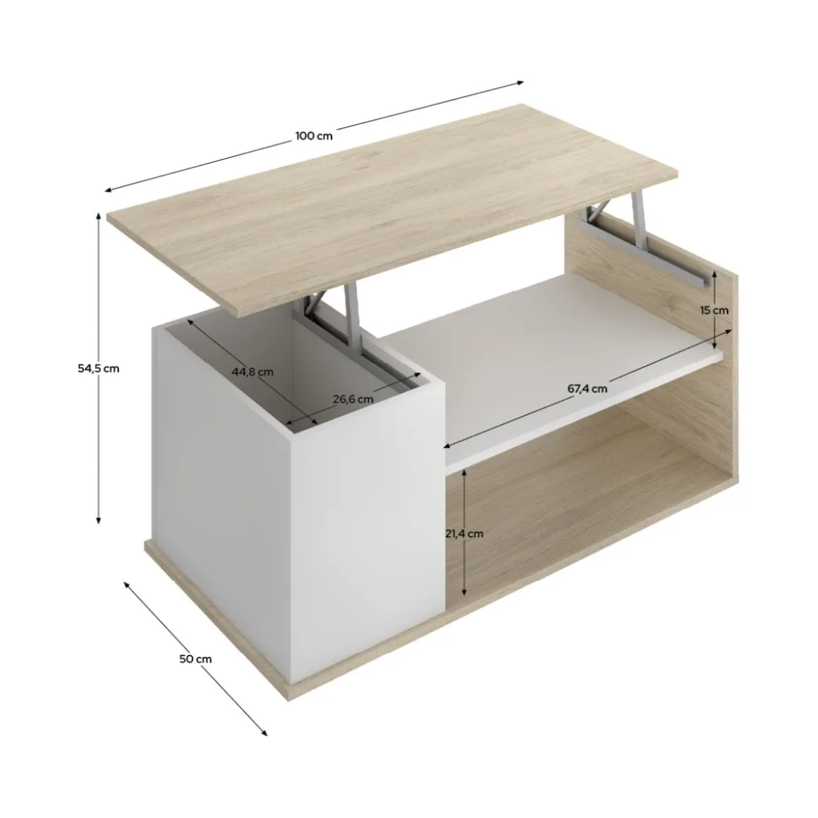 Mesa de centro Bari elevable con estante y compartimento blanco/natural 41,7x100x50 cm