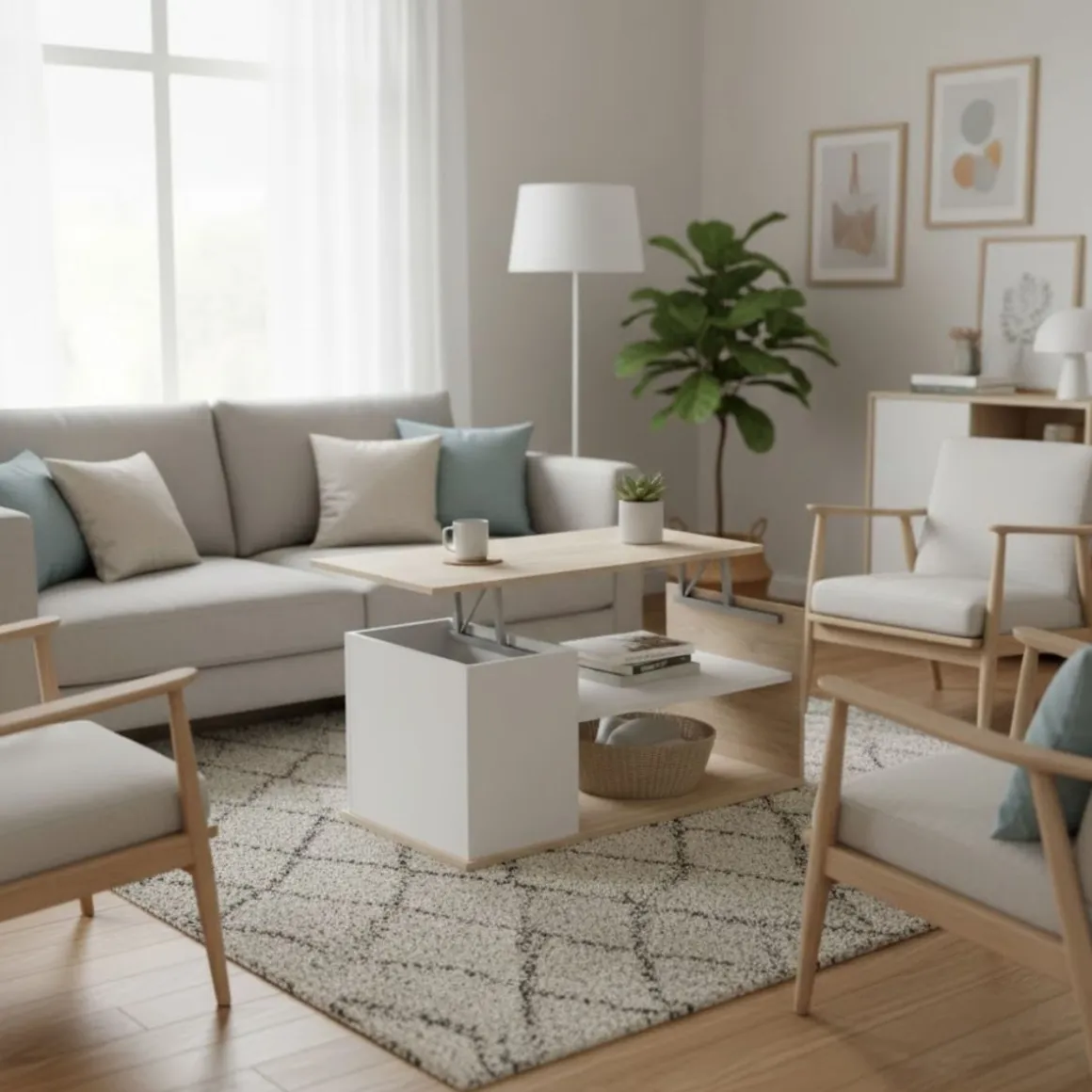 Mesa de centro Bari elevable con estante y compartimento blanco/natural 41,7x100x50 cm