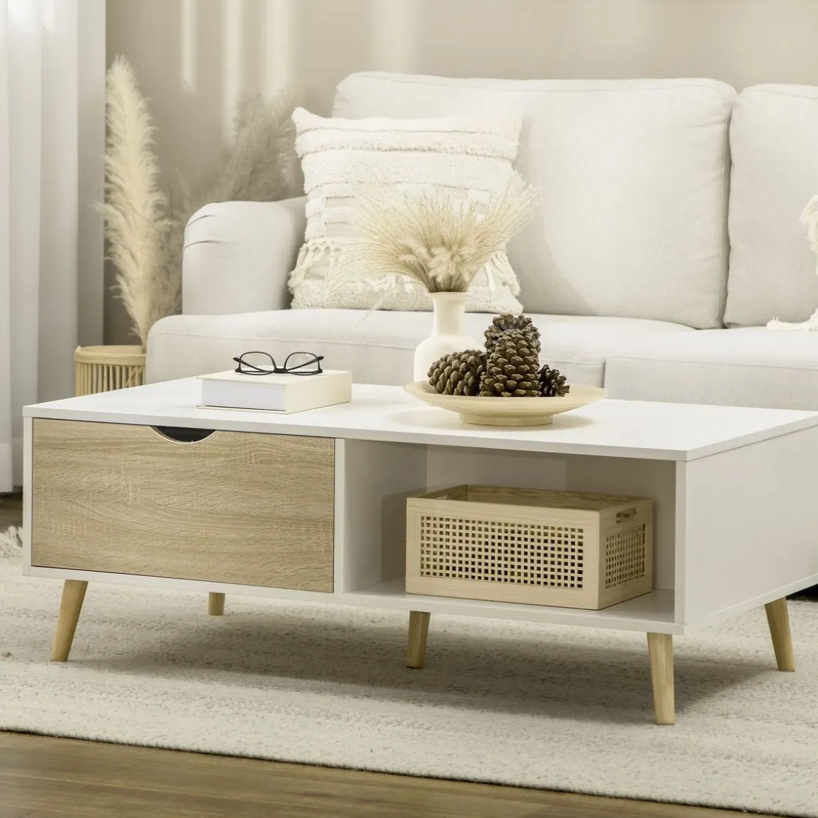 Mesa de centro Bogul Homcom 2 cajones + 2 compartimentos blanco/natural 39,5x106x58 cm