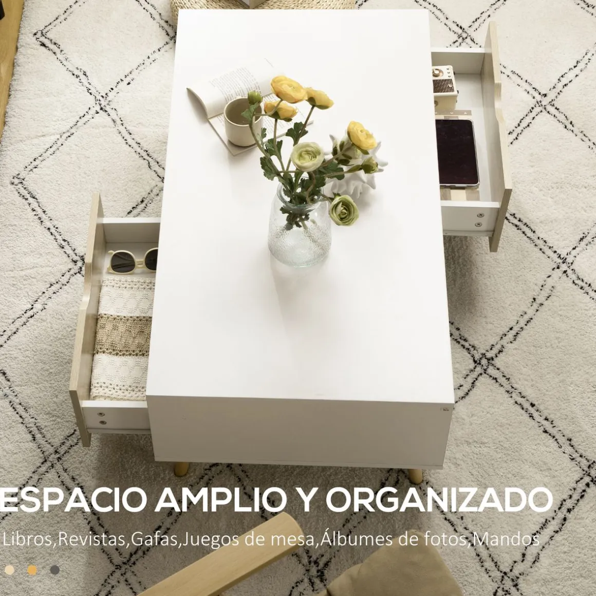 Mesa de centro Bogul Homcom 2 cajones + 2 compartimentos blanco/natural 39,5x106x58 cm