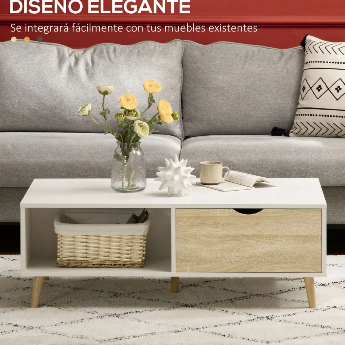Mesa de centro Bogul Homcom 2 cajones + 2 compartimentos blanco/natural 39,5x106x58 cm
