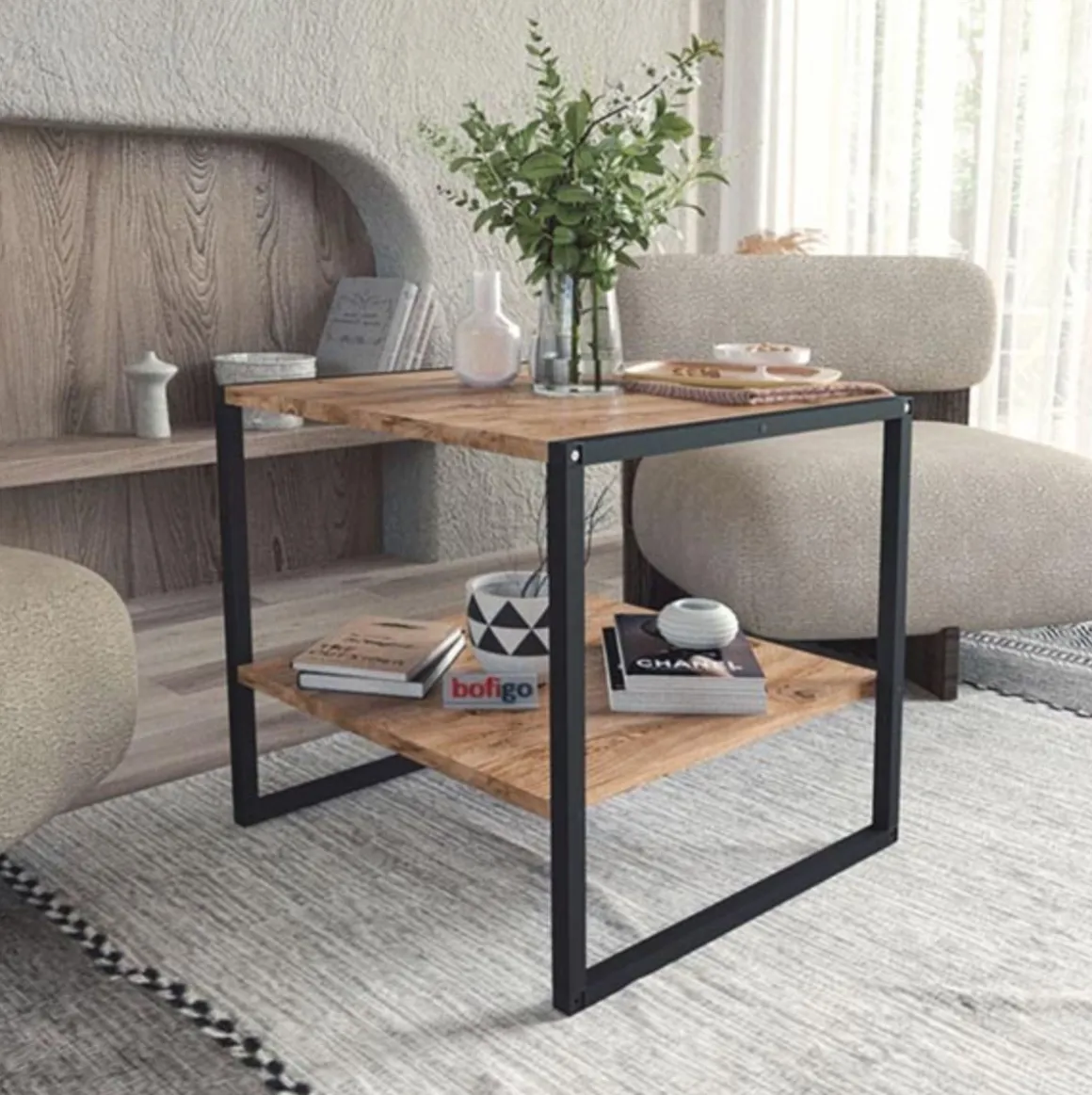 Mesa de centro Delia con estantes natural/negro 56x50x50 cm