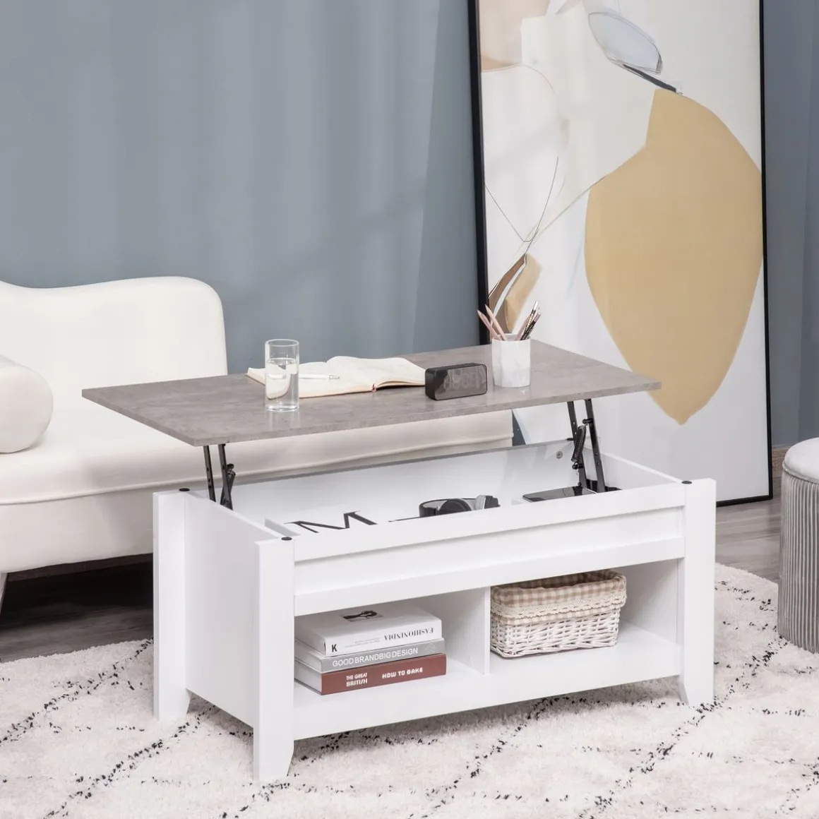 Mesa de centro elevable Homcom Zeus cajón + 2 compartimentos abiertos blanco 62,5x71x105 cm