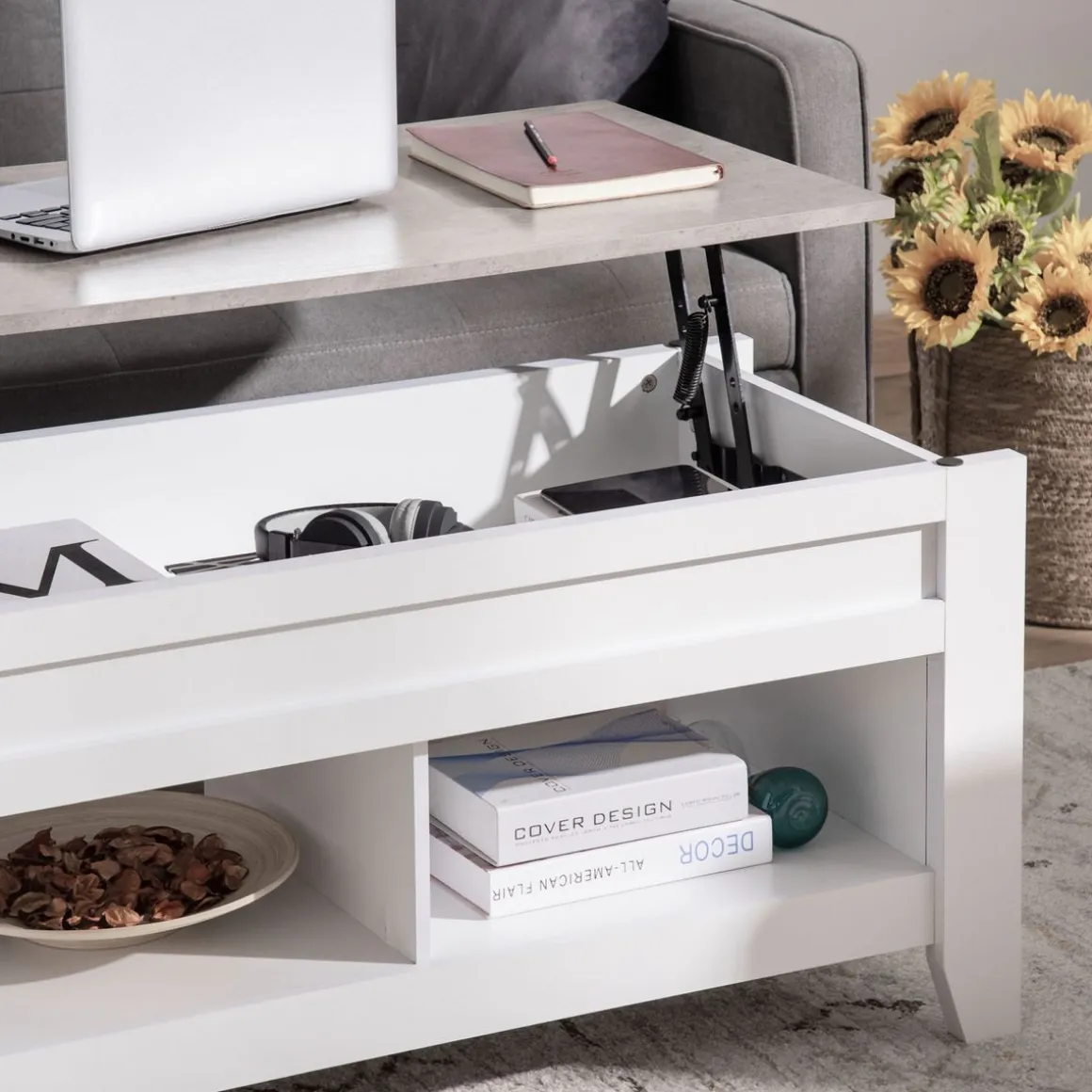 Mesa de centro elevable Homcom Zeus cajón + 2 compartimentos abiertos blanco 62,5x71x105 cm