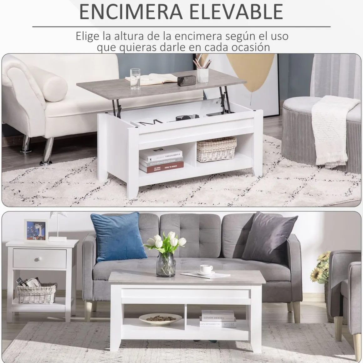 Mesa de centro elevable Homcom Zeus cajón + 2 compartimentos abiertos blanco 62,5x71x105 cm