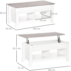 Mesa de centro elevable Homcom Zeus cajón + 2 compartimentos abiertos blanco 62,5x71x105 cm