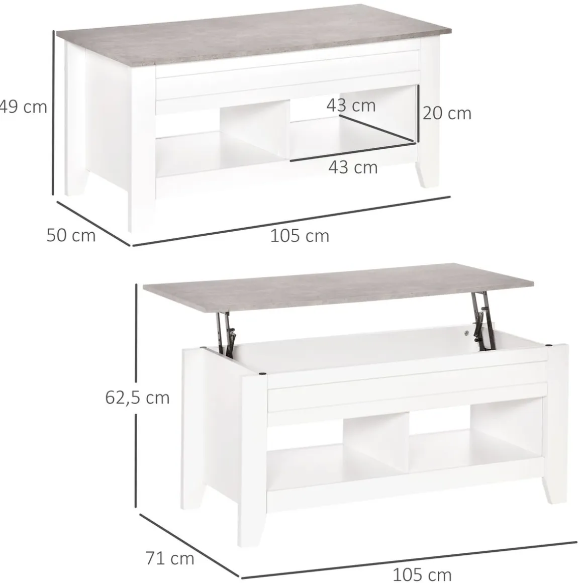 Mesa de centro elevable Homcom Zeus cajón + 2 compartimentos abiertos blanco 62,5x71x105 cm