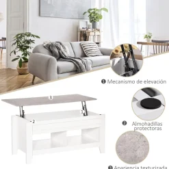 Mesa de centro elevable Homcom Zeus cajón + 2 compartimentos abiertos blanco 62,5x71x105 cm
