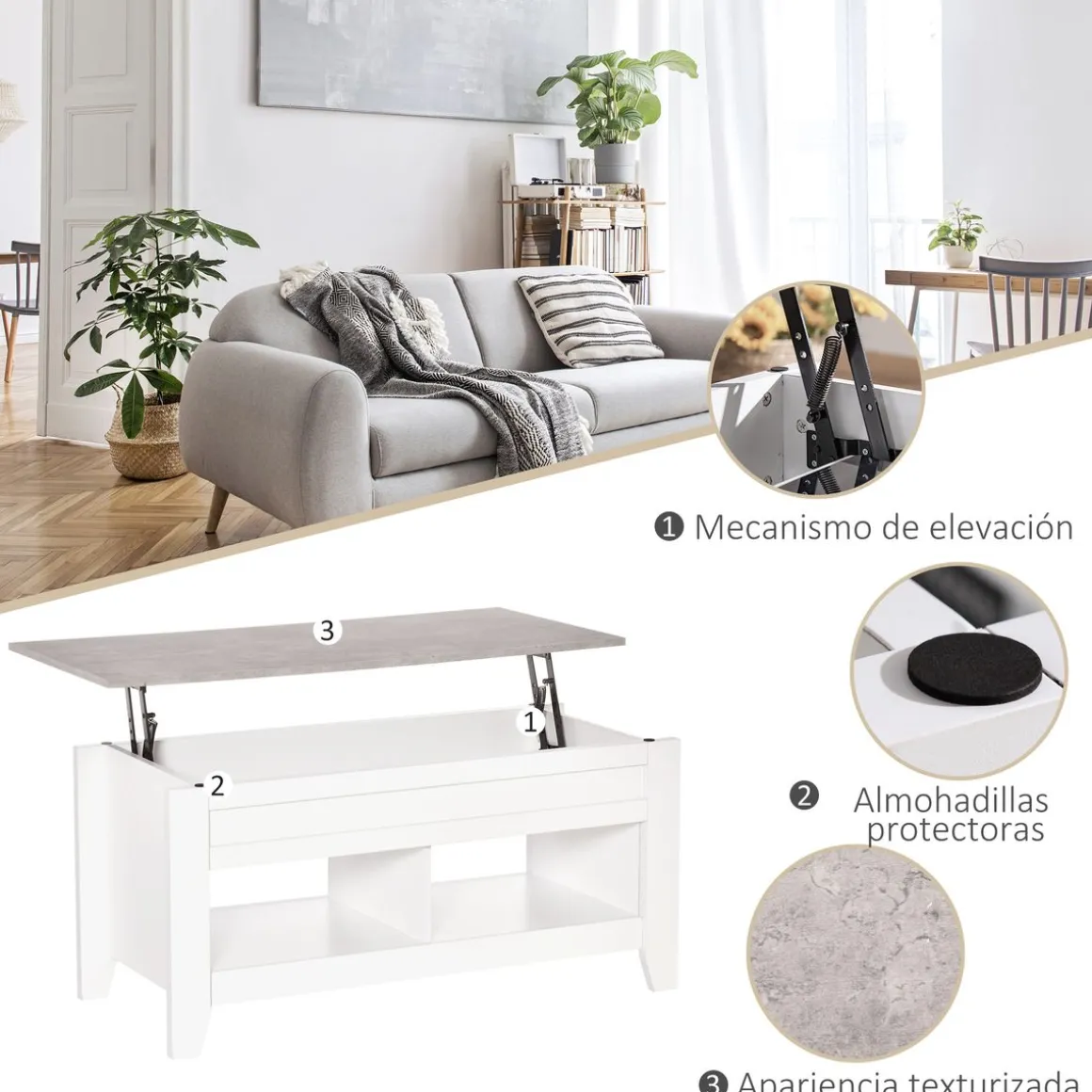 Mesa de centro elevable Homcom Zeus cajón + 2 compartimentos abiertos blanco 62,5x71x105 cm