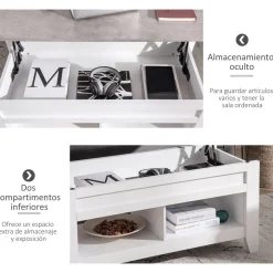 Mesa de centro elevable Homcom Zeus cajón + 2 compartimentos abiertos blanco 62,5x71x105 cm