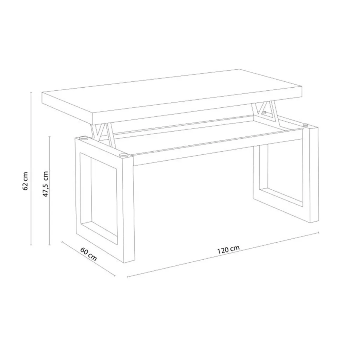 Mesa de centro elevable Loft con hueco de almacenaje roble 47,5-62x120x60 cm