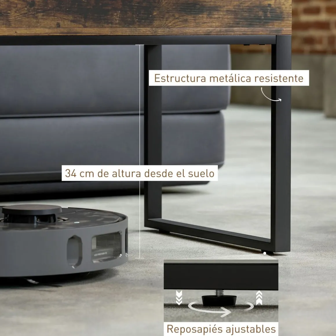 Mesa de centro elevable Nerja Homcom deslizante marrón 54x100x45 cm