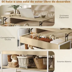 Mesa de centro elevable Virgo Homcom con estante natural/blanco 59x95x40 cm