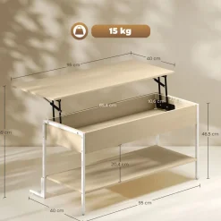 Mesa de centro elevable Virgo Homcom con estante natural/blanco 59x95x40 cm