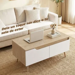 Mesa de centro Mistral Homcom 2 cajones natural/blanco 46x100x50 cm