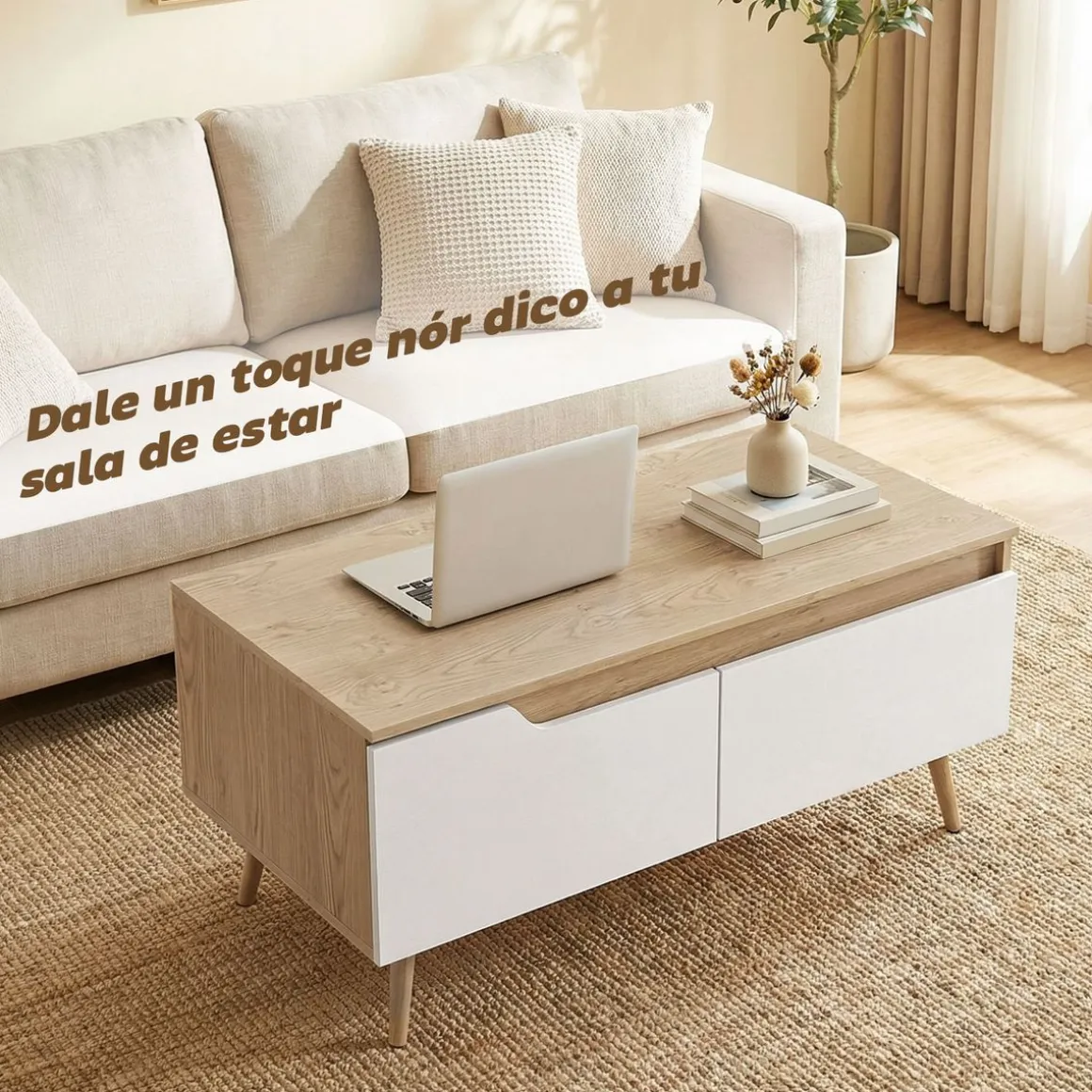 Mesa de centro Mistral Homcom 2 cajones natural/blanco 46x100x50 cm