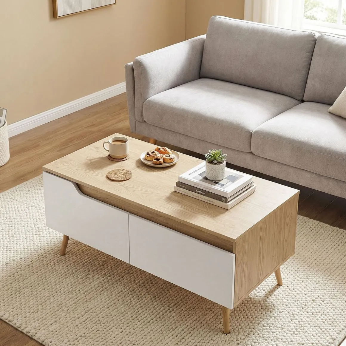 Mesa de centro Mistral Homcom 2 cajones natural/blanco 46x100x50 cm