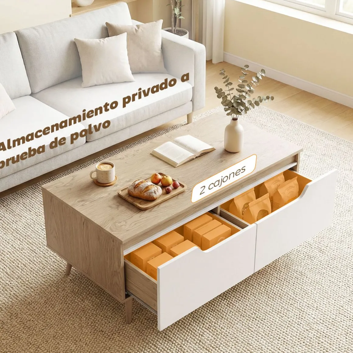 Mesa de centro Mistral Homcom 2 cajones natural/blanco 46x100x50 cm