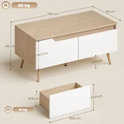 Mesa de centro Mistral Homcom 2 cajones natural/blanco 46x100x50 cm