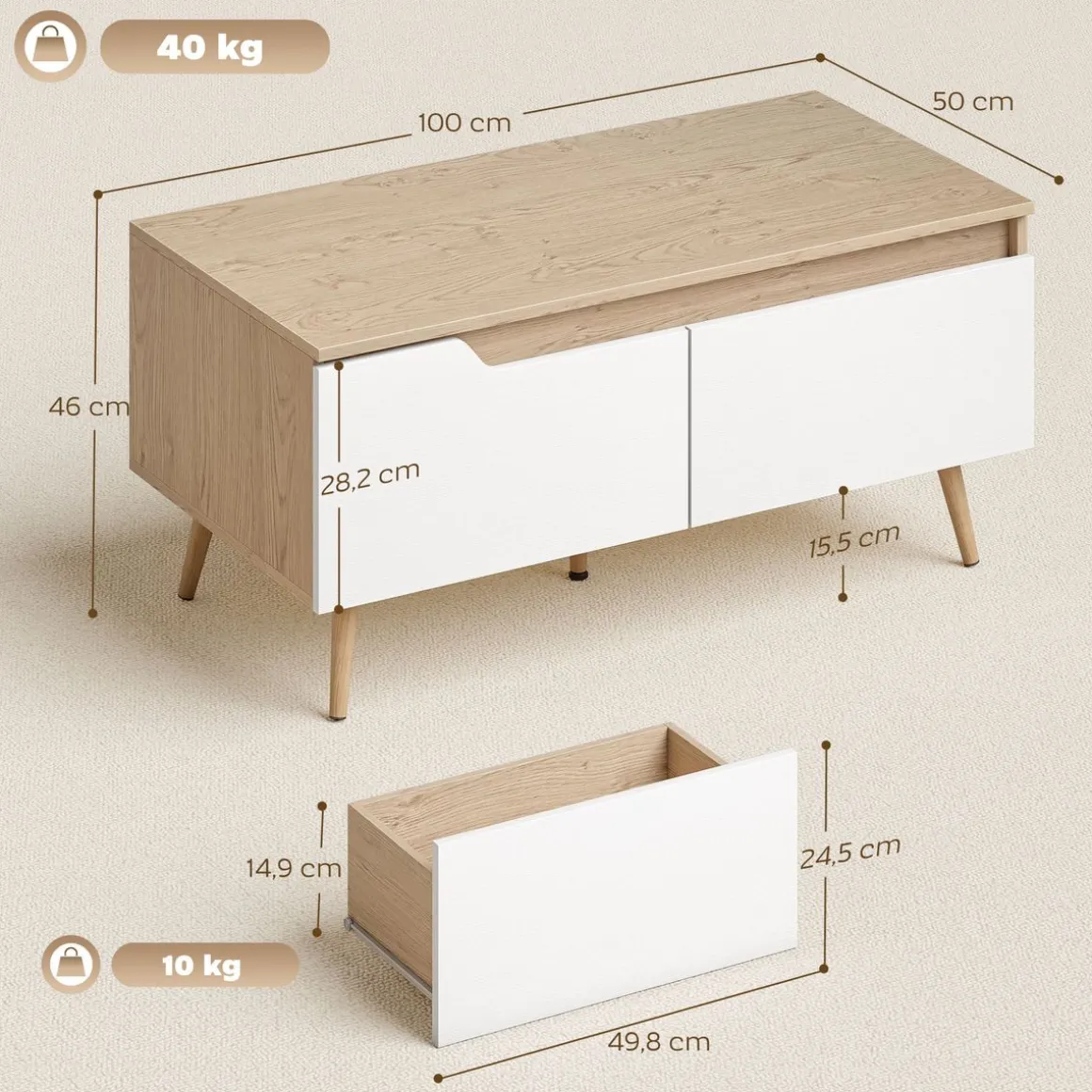 Mesa de centro Mistral Homcom 2 cajones natural/blanco 46x100x50 cm