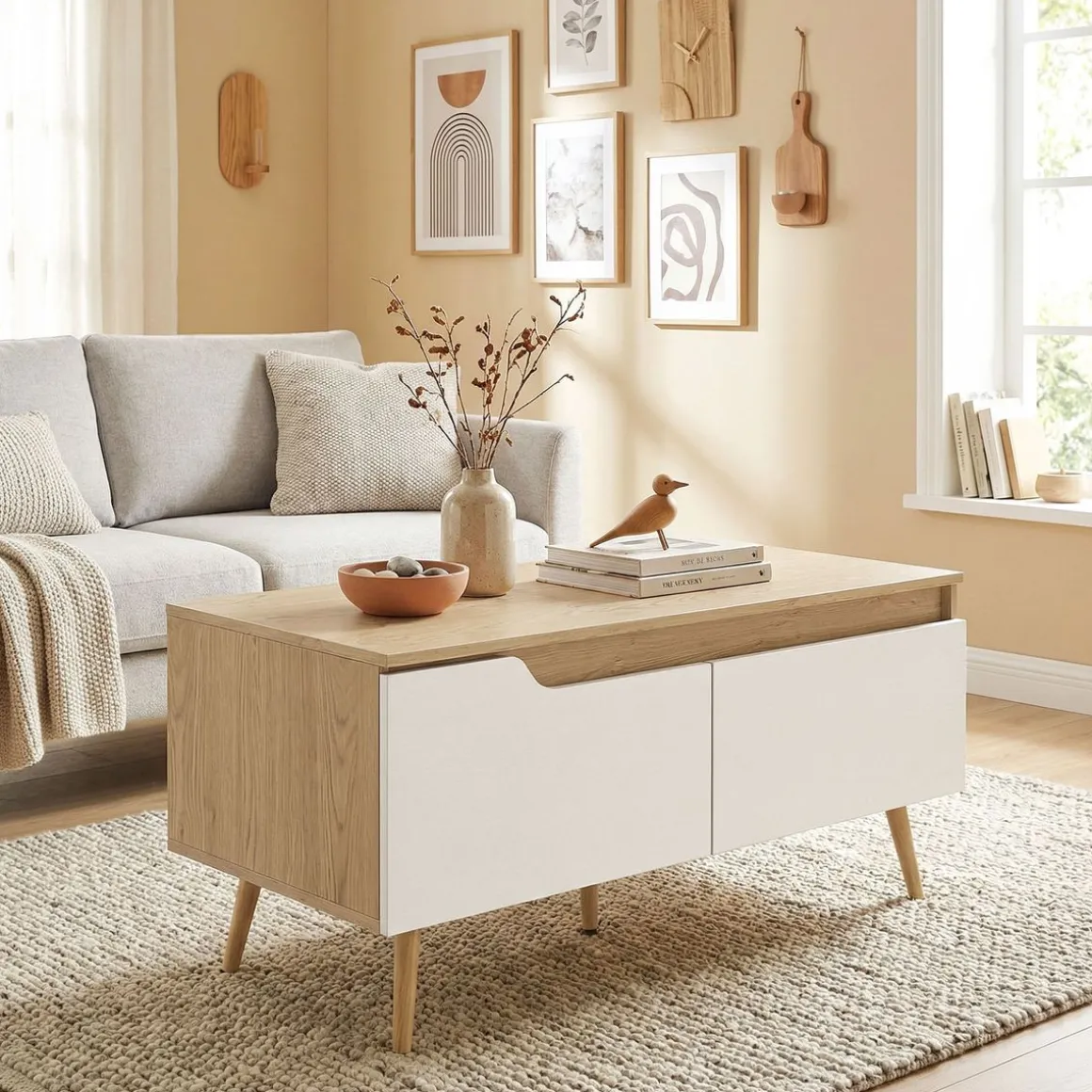 Mesa de centro Mistral Homcom 2 cajones natural/blanco 46x100x50 cm