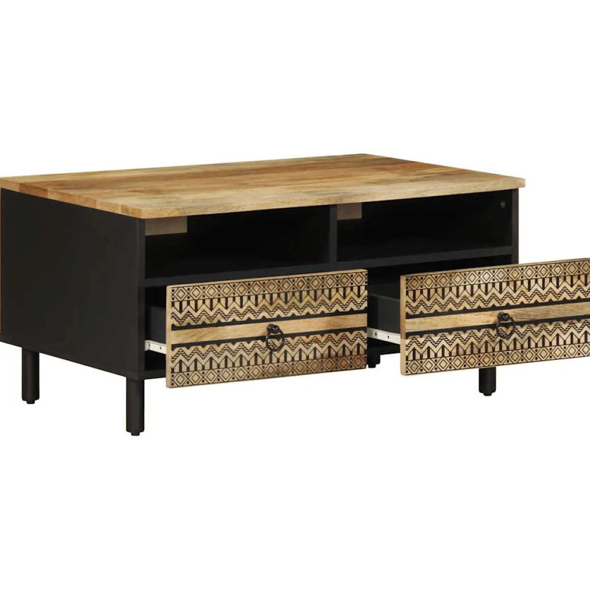 Mesa de centro Otomíe 2 cajones + 2 compartimentos negro/natural 40x80x54 cm