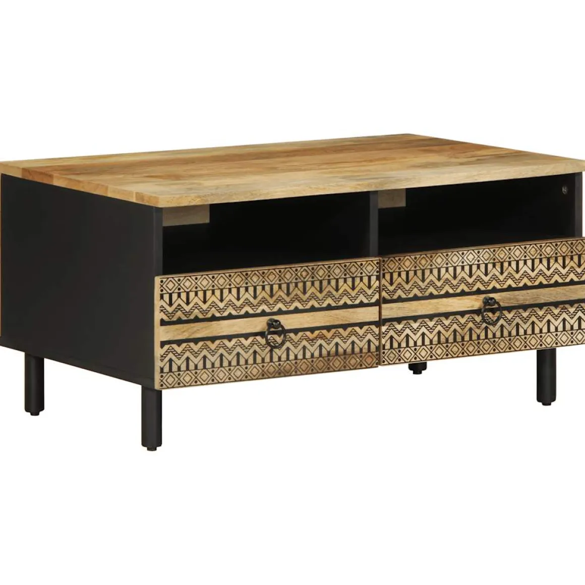 Mesa de centro Otomíe 2 cajones + 2 compartimentos negro/natural 40x80x54 cm