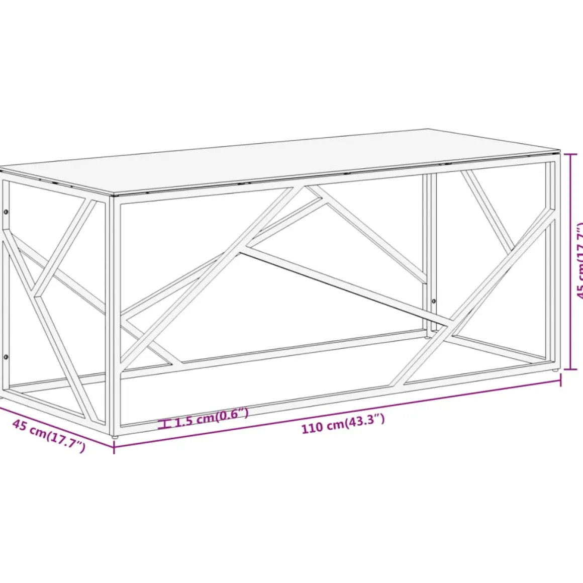 Mesa de centro Pull acero inoxidable y vidrio templado 45x110x45 cm