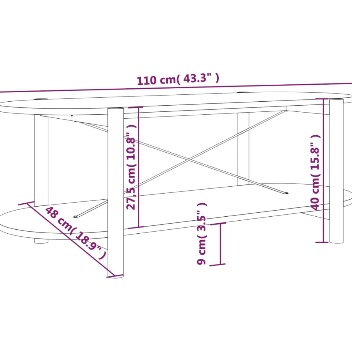 Mesa de centro Timón 2 niveles 40x110x48 cm