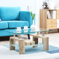 Mesa de centro Tyler Homcom encimera de vidrio + estante natural 42x90x50 cm