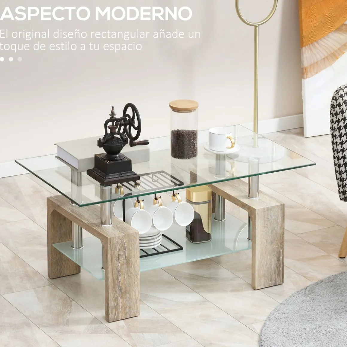 Mesa de centro Tyler Homcom encimera de vidrio + estante natural 42x90x50 cm