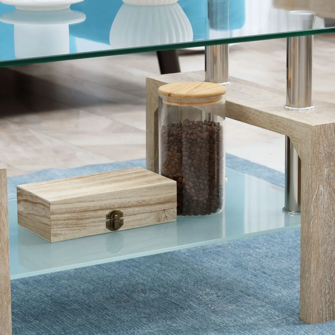 Mesa de centro Tyler Homcom encimera de vidrio + estante natural 42x90x50 cm