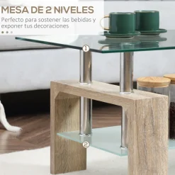 Mesa de centro Tyler Homcom encimera de vidrio + estante natural 42x90x50 cm
