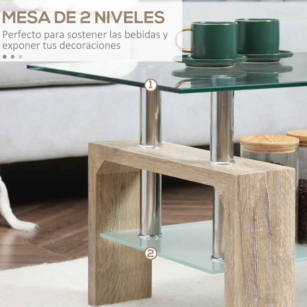 Mesa de centro Tyler Homcom encimera de vidrio + estante natural 42x90x50 cm