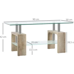 Mesa de centro Tyler Homcom encimera de vidrio + estante natural 42x90x50 cm