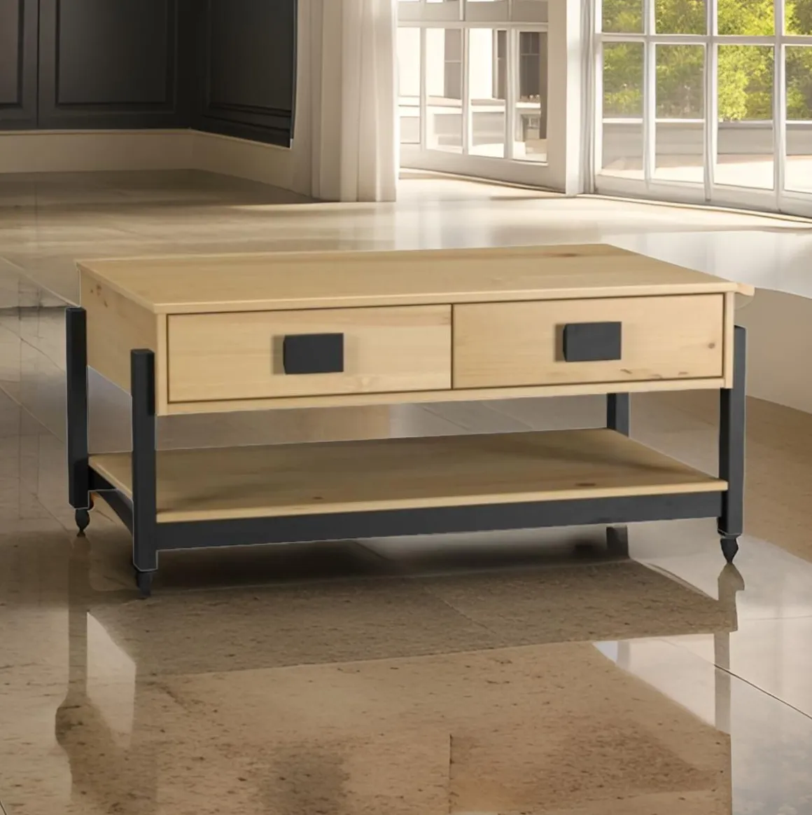 Mesa de centro Vicka 2 cajones + estante natural/negro 40x100x60 cm