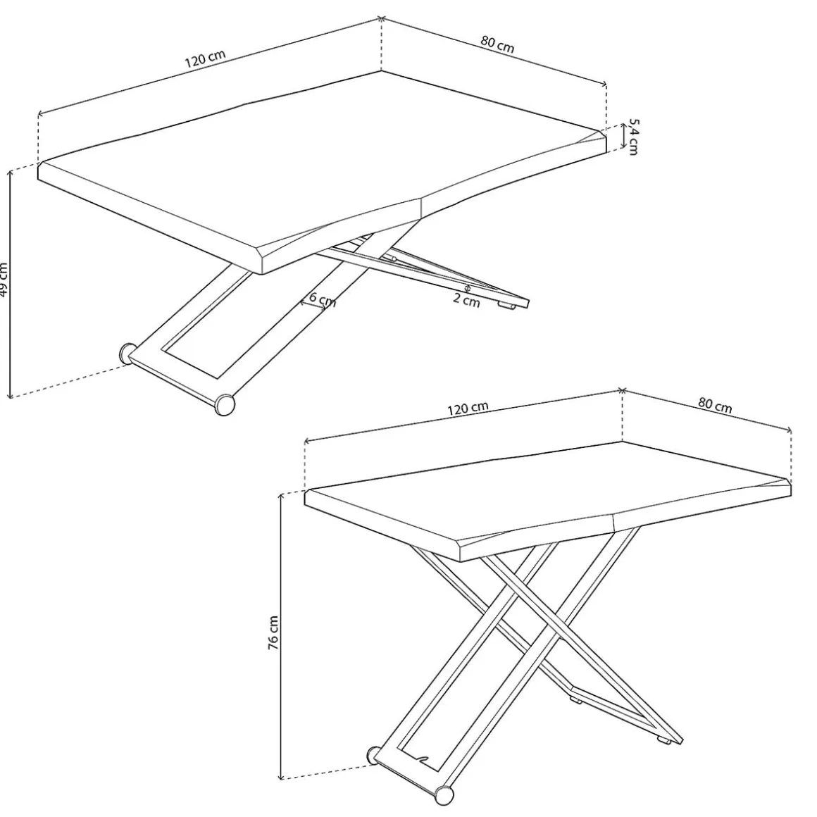 Mesa de centro Zoe elevable con tapa irregular 49-76x120x80 cm