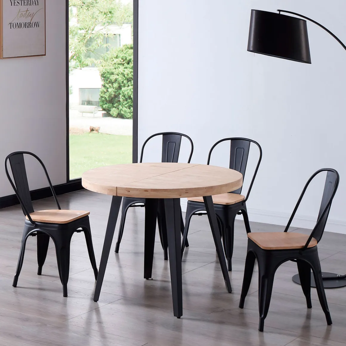 Mesa de comedor Berg extensible diseño redondo roble nordish/negro 76x80-120-160x80 cm