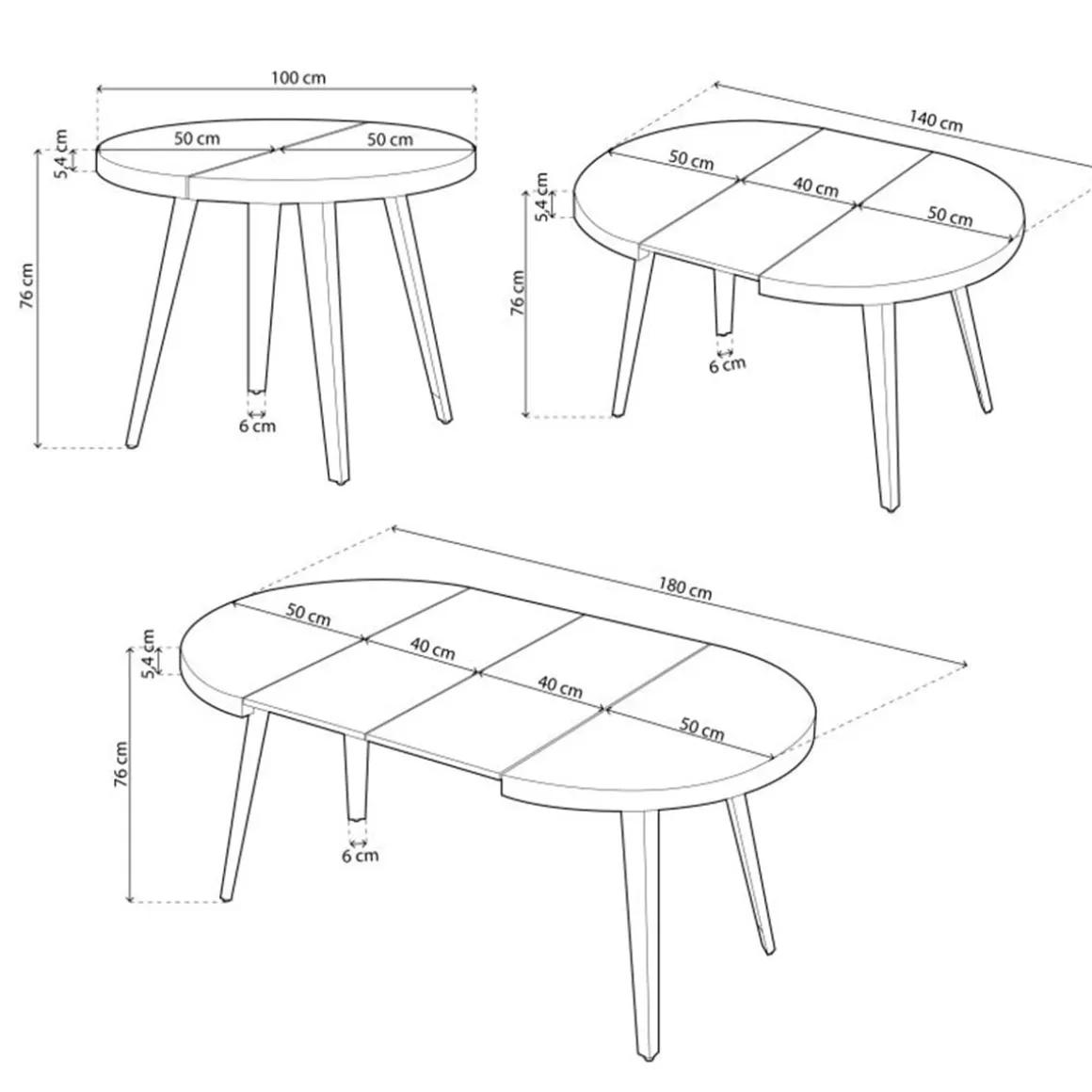 Mesa de comedor Berg extensible diseño redondo 76x100-140-180x100 cm