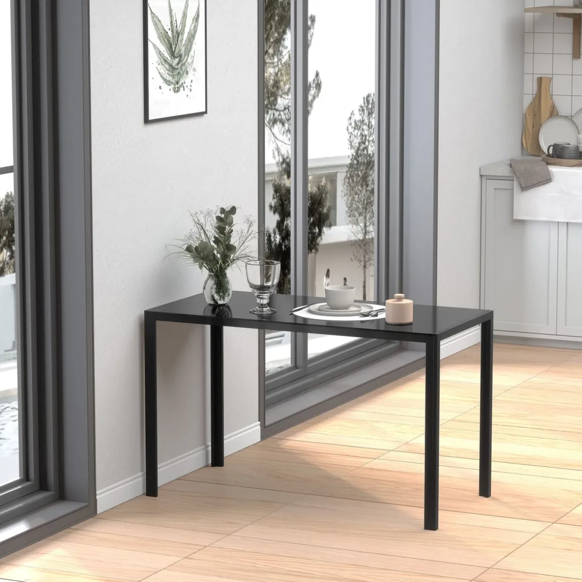 Mesa de comedor Fluorita Homcom diseño fijo 4-6 personas cristal negro 75x120x60 cm