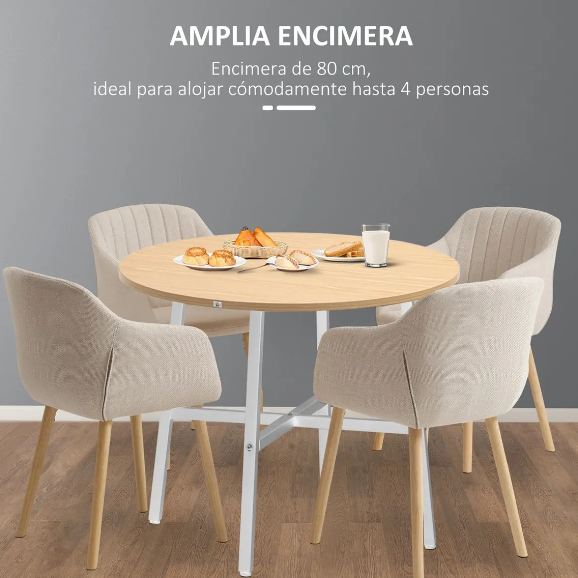Mesa de comedor Galway Homcom 4 personas natural/blanco Ø80x76 cm