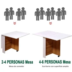 Mesa de comedor Homcom 3 posiciones plegable con ruedas blanco/madera 73x120x80 cm