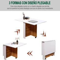 Mesa de comedor Homcom 3 posiciones plegable con ruedas blanco/madera 73x120x80 cm