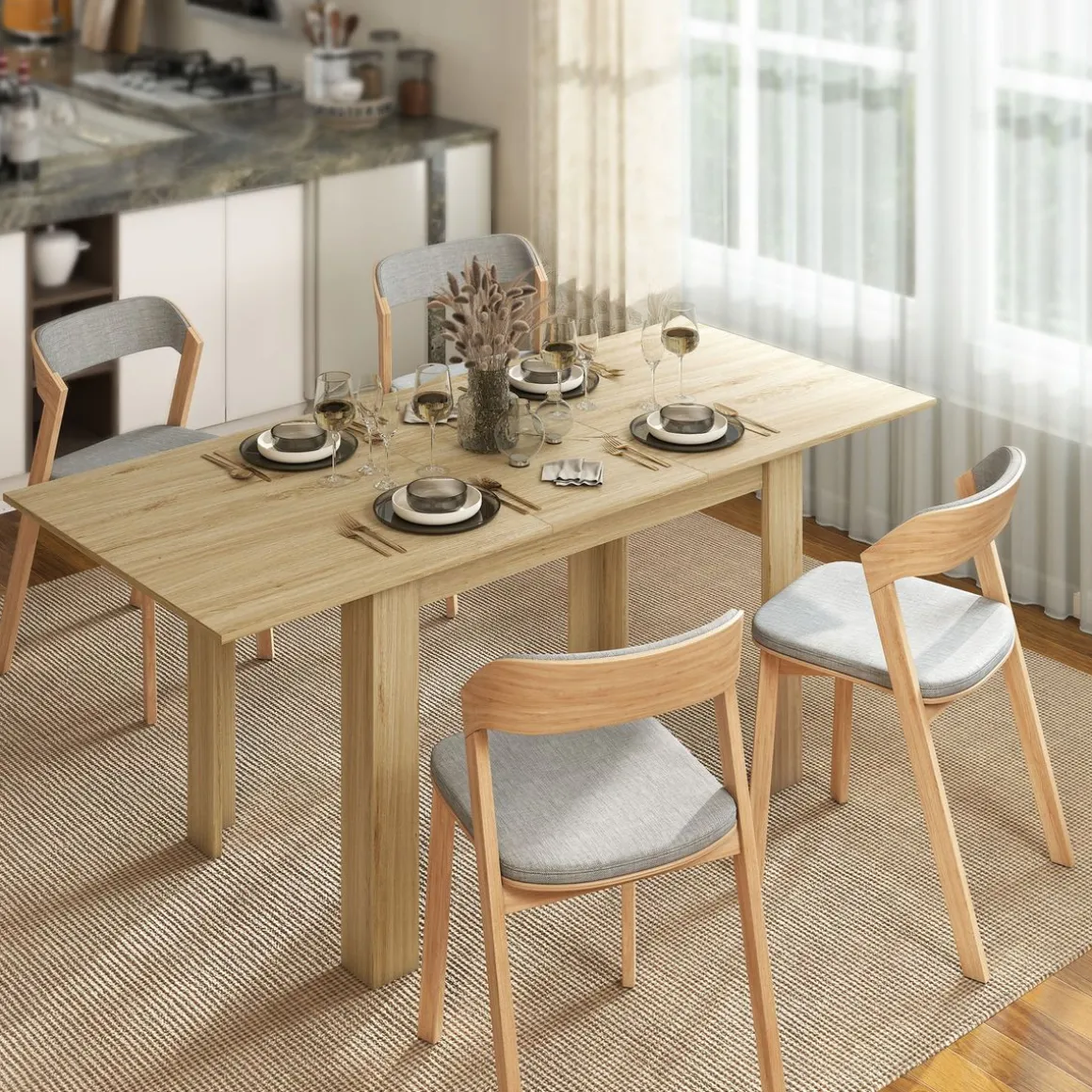Mesa de comedor Katy Homcom extensible natural 75x140-180x90 cm