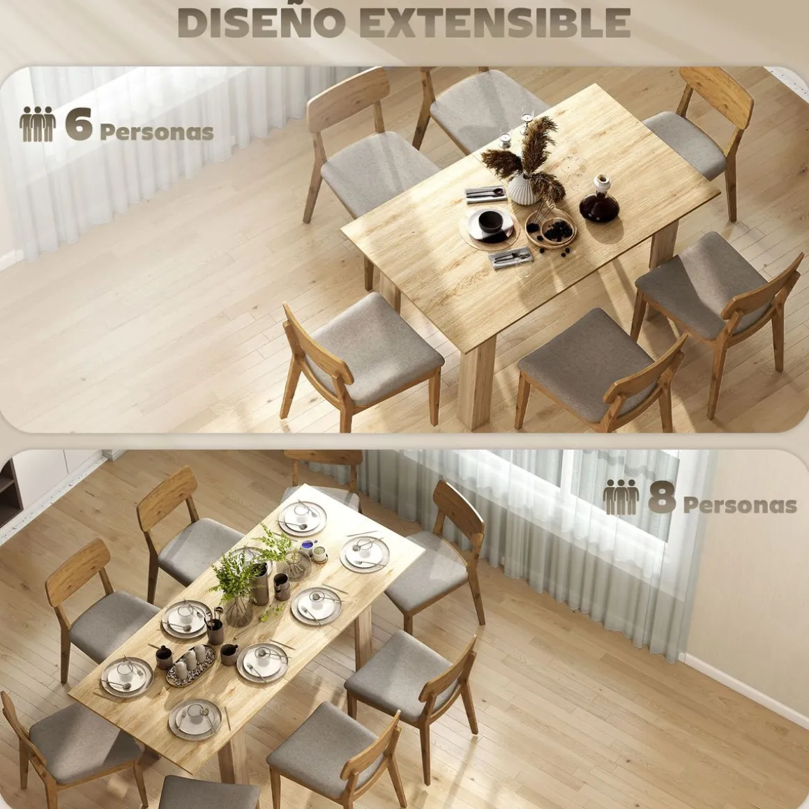 Mesa de comedor Katy Homcom extensible natural 75x140-180x90 cm