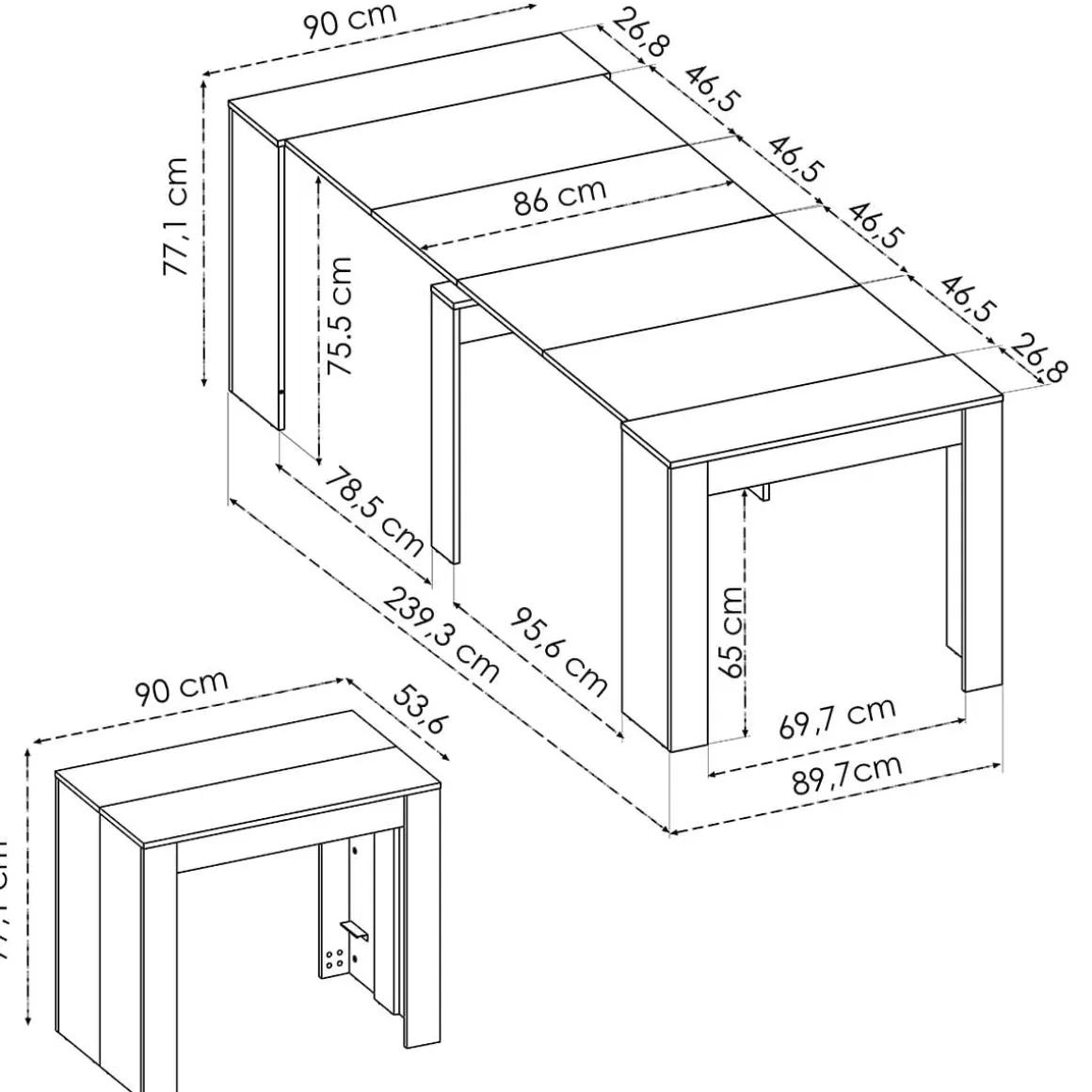 Mesa de comedor Kiona diseño extensible 77x54-239x90 cm