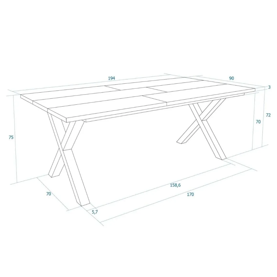 Mesa de comedor Kroma diseño fijo patas en X 75x194x90 cm