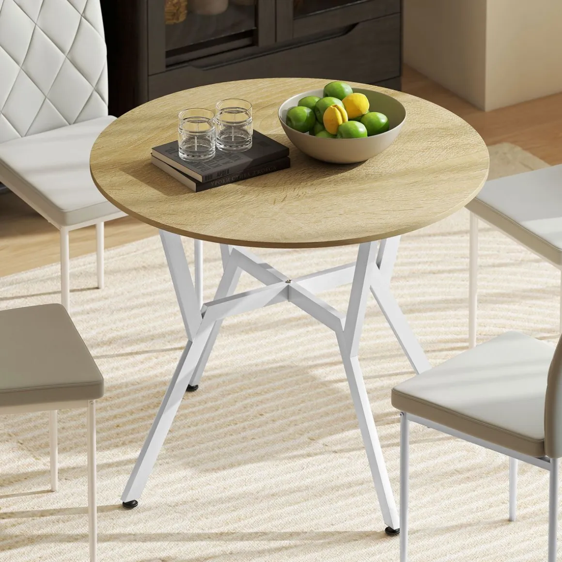 Mesa de comedor Leonor diseño redondo blanco/natural Ø90x76 cm