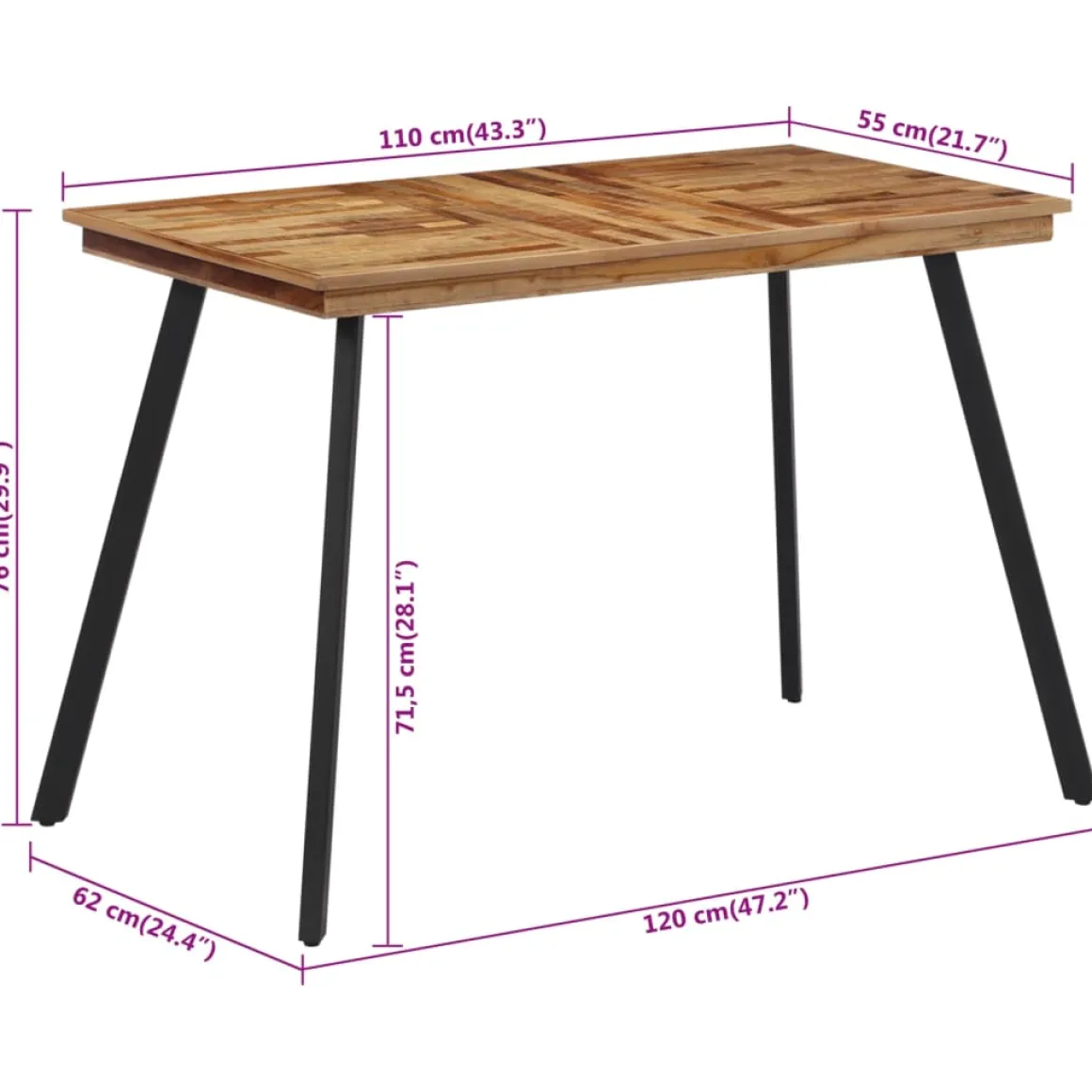 Mesa de comedor madera maciza de teca 120x62x76 cm